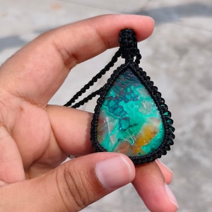 Handmade Macrame Chrysocolla Pendant Necklace: Pear Shape Gemstone