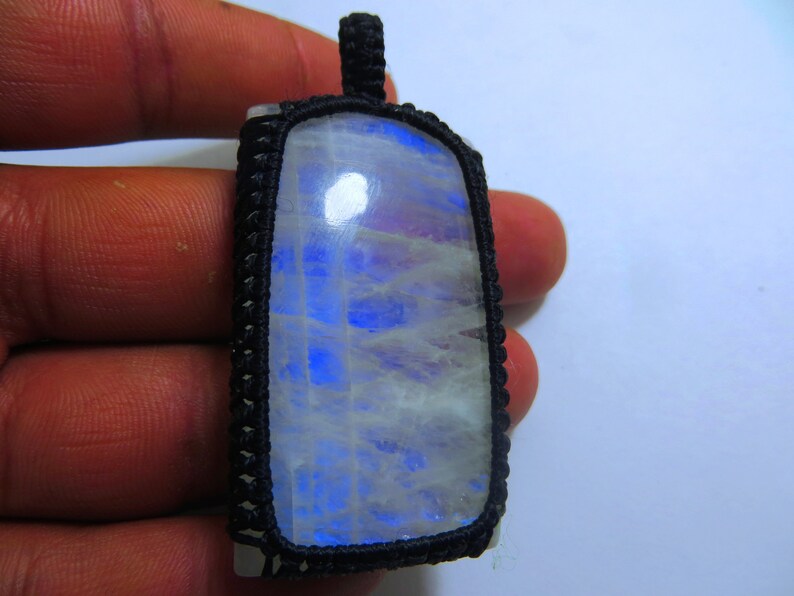 Rainbow Moonstone Macrame pendant Full Flashy Amazing Malty Fire Good Quality Rectangle Shape Size 30x52 mm