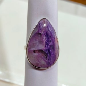 Bague en forme de goutte de charoite : argent sterling 925, pierre précieuse (20 x 30 mm)