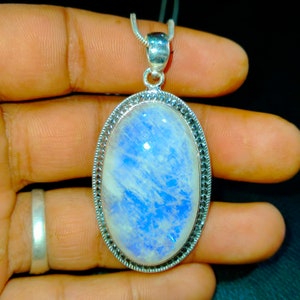 Rainbow Moonstone Necklace, 925 Sterling Silver Moonstone Pendant, Genuine Blue Flash, Gemstone Pendant, Handmade Jewelry Size 23x49 MM