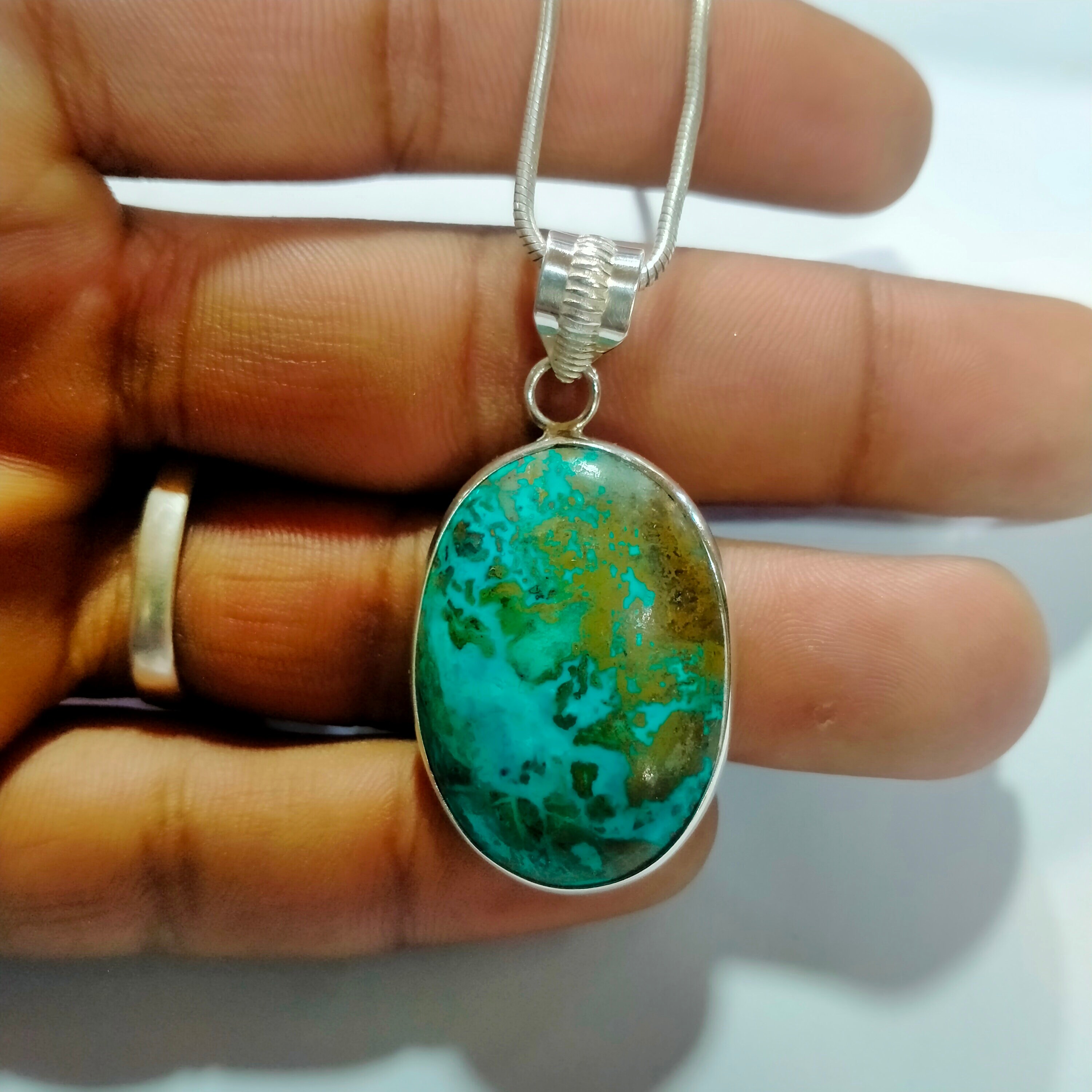 Chrysocolla Pendant: Handmade Oval Sterling Silver Necklace (22x31 MM)