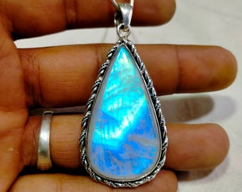 Teardrop Rainbow Moonstone Pendant: 925 Sterling Silver, Handmade Jewelry