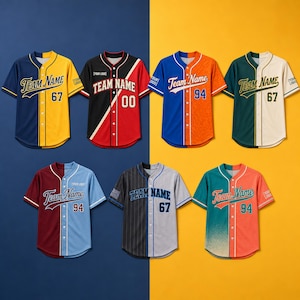 May include: Seven short-sleeved button-down baseball jerseys in various colour combinations. Each jersey features the text "Team Name" in script, a placeholder for a logo, and a two-digit number on the front. The designs include split-colour patterns.