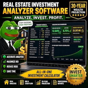 May include: A laptop displaying real estate investment analyzer software with an executive ROI dashboard, monthly operating expenses, and a 30-year equity wealth accumulation graph. A green cartoon character in a suit points to the screen.