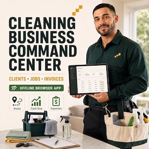 May include: A digital dashboard titled Cleaning Business Command Center displayed on a tablet, featuring sections for clients, jobs, and invoices. The interface includes icons for route, cash flow, and expenses, alongside a cleaning caddy and supplies.