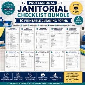 May include: A professional janitorial checklist bundle featuring 10 printable cleaning forms. The collection includes documents for restrooms, offices, breakrooms, inspections, training, bidding, and inventory, all presented in a clear, organized layout.