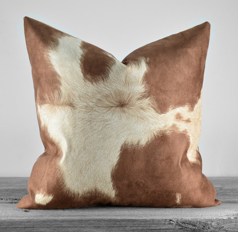 Pillow Cover Faux Cowhide Brown Cow Suede Fabric SAME FABRIC both sides Pick Your Pillow Size image 1