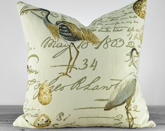 Decorative Bird Pillow Cover - Coastal Birds with Script Writing - Taupe, Beige and soft Browns - Pick Your Pillow Size