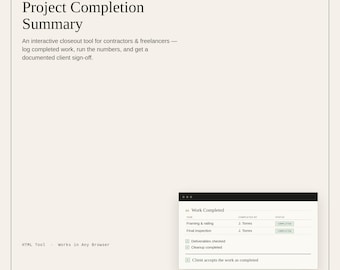Project Completion Summary | Interactive HTML Client Closeout, Work Completion and Sign-Off Tool for Contractors | Digital Download