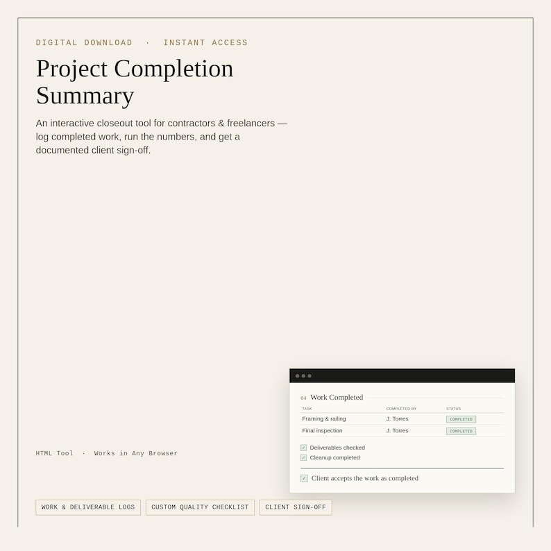Op de afbeelding: Een digitale download getiteld Project Completion Summary, een interactieve tool voor aannemers en freelancers. Het bevat een browservenster met een logboek voor voltooid werk met taken, namen, statusknoppen en navigatietabbladen onderaan.