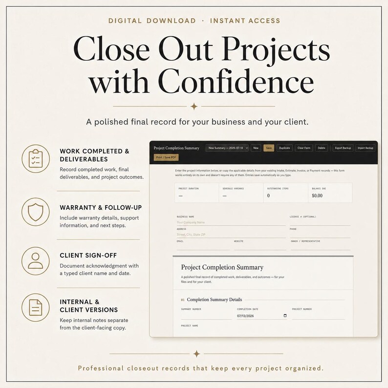Op de afbeelding: Een digitaal sjabloon voor een projectafrondingsoverzicht met de tekst Close Out Projects with Confidence. De lay-out bevat secties voor voltooid werk, resultaten, garantie, opvolging en ondertekening door de klant.