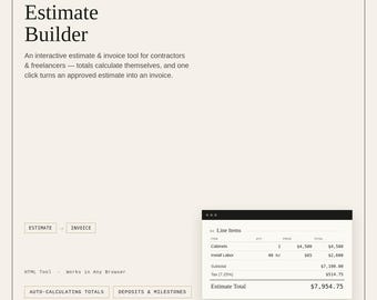 Estimate Builder | Interactive HTML Quote and Project Estimate Tool for Contractors, Freelancers & Small Businesses | Digital Download