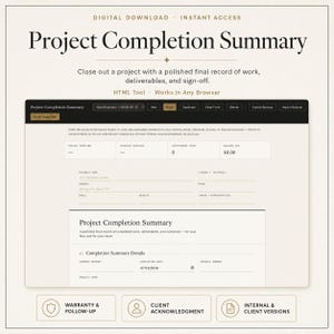 Op de afbeelding: Een digitaal formulier voor projectafronding met een donkere koptekst, navigatieknoppen en velden voor projectduur, planningafwijkingen, openstaande items, openstaand saldo, bedrijfsgegevens en details voor de afronding van het project.