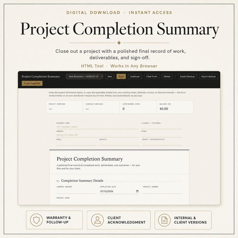 Op de afbeelding: Een digitaal formulier voor projectafronding met een donkere koptekst, navigatieknoppen en velden voor projectduur, planningafwijkingen, openstaande items, openstaand saldo, bedrijfsgegevens en details voor de afronding van het project.
