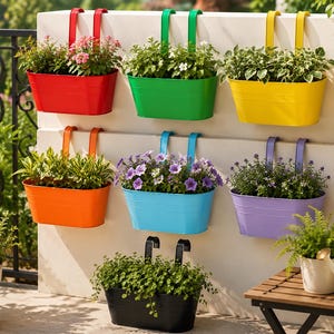 May include: Seven oval metal hanging planters in red, green, yellow, orange, blue, purple, and black, each featuring two sturdy hooks for mounting on a wall. Each planter is filled with various green foliage and colorful flowering plants.
