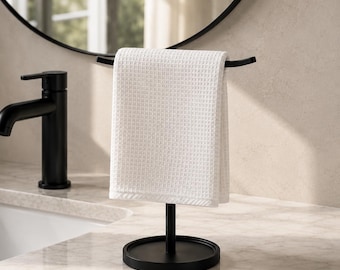 Stainless Steel Hand Towel Holder Stand, T Shape Countertop Towel Rack for Bathroom Kitchen Vanity, Freestanding Black Towel Stand