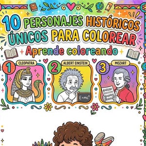 May include: A colourful educational colouring book page titled 10 PERSONAJES HISTÓRICOS ÚNICOS PARA COLOREAR. It features illustrations of Cleopatra, Albert Einstein, and Mozart, alongside a drawing of a child colouring in a book with crayons.