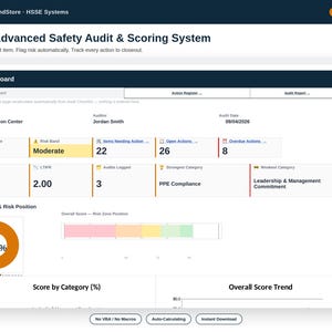 Peut inclure: Un tableau de bord numérique intitulé HSSE Advanced Safety Audit & Scoring System affichant des indicateurs clés, dont un score global de 71,5, un niveau de risque modéré, 22 éléments à traiter, 26 actions ouvertes, 8 actions en retard et un graphique de conformité de 52%.