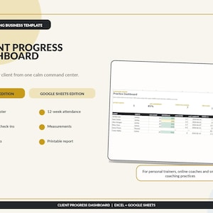 May include: A digital client progress dashboard template for Excel and Google Sheets. The layout features a Practice Dashboard table, client roster, weekly check-ins, RAG flags, 12-week attendance, and measurement tracking tools for coaching businesses.
