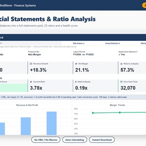 Può includere: Un'interfaccia di dashboard finanziaria intitolata Financial Statements & Ratio Analysis. Mostra metriche di performance come ricavi, margine netto e rendimento del capitale proprio, insieme a un grafico a barre per i ricavi e uno a linee per i margini.