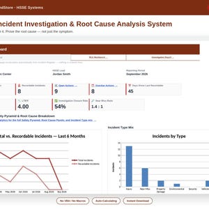 May include: An Excel template for an HSSE Incident Investigation and Root Cause Analysis System. The dashboard displays key metrics, a monthly trend line graph for incidents, and a bar chart showing incident types by count for September 2026.