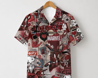 Vintage stripcollage Hawaïhemd, retro popart Aloha-shirt, rood zomerhemd met knoopsluiting voor op vakantie
