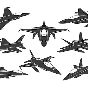 May include: A collection of eight black silhouettes of fighter jets shown from various angles, including top-down, side, and angled perspectives. Each aircraft features a pointed nose, swept-back wings, and a clear cockpit canopy design.