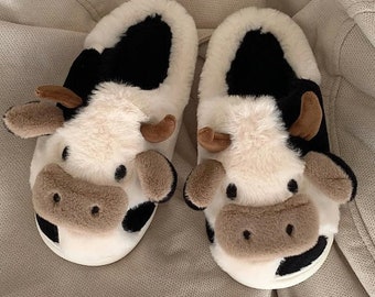 Cute Fuzzy Cow Slippers, Cozy Slippers. Animal Slippers. Soft and Cozy Slippers, Birthday Gift for her