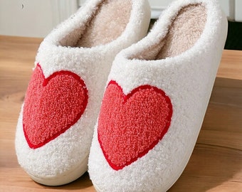 Love Heart Slippers | Red Fluffy Heart Slippers For Winter | Women's Red Heart Comfy Cozy Slippers | Perfect Valentine's Day Gift For Her