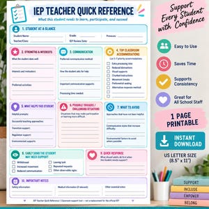 May include: An IEP Teacher Quick Reference printable form on US letter size 8.5 by 11 inches paper. The document features ten sections including student information, strengths, communication, accommodations, triggers, and support strategies.