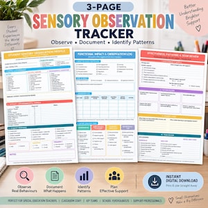 Peut inclure: Un document de suivi d'observation sensorielle de trois pages avec des en-têtes colorés et des sections pour les profils des élèves, les journaux d'impact fonctionnel et les revues d'équipe. Les pages incluent des cases à cocher et des champs vides pour documenter les comportements.