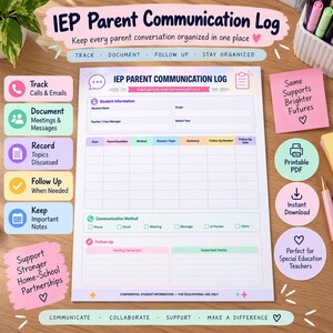 Peut inclure: Une fiche de journal de communication pour parents IEP avec une grille aux tons pastel pour suivre les informations des élèves, les dates, les méthodes, les sujets et les notes de suivi. Le document inclut des sections pour les méthodes.