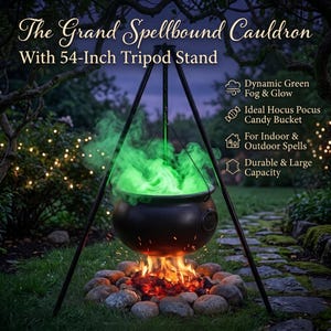 May include: A black cauldron suspended from a 54-inch tripod stand. The cauldron emits a bright green fog and glow, with orange flames burning at the base. Text reads: The Grand Spellbound Cauldron With 54-Inch Tripod Stand, Dynamic Green Fog & Glow.