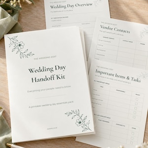 Puede incluir: Un conjunto de planificadores imprimibles Wedding Day Handoff Kit con páginas blancas, texto negro y arte lineal floral. Los documentos incluyen hojas de resumen, contactos de proveedores y listas de tareas y artículos.