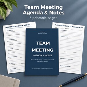 May include: A set of five printable pages titled Team Meeting Agenda & Notes. The documents feature white paper with dark blue text, including sections for top priorities, blockers, risks, decisions, and action items, alongside a dark blue cover page.