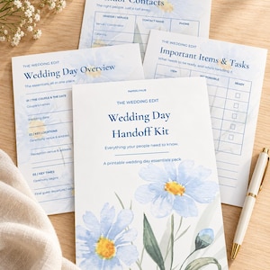 Puede incluir: Un conjunto de formularios de planificación de bodas en papel blanco titulados The Wedding Edit, que incluyen Wedding Day Handoff Kit, Wedding Day Overview, Vendor Contacts e Important Items & Tasks, decorados con ilustraciones de flores azules.