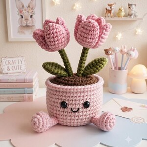 Puede incluir: Una maceta rosa tejida a ganchillo con una cara sonriente y dos pies pequeños, que contiene dos tulipanes rosas con tallos y hojas verdes. La maceta está rellena de lana marrón para simular tierra, con un aspecto texturizado hecho a mano.