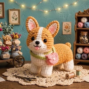 Könnte beinhalten: Ein gehäkeltes Corgi-Stofftier aus beigem und weißem Garn, das eine kleine rosa Tasche und einen grünen Riemen trägt. Die Szene umfasst ein Holzregal mit Garnknäueln, eine Miniatur-Nähmaschine, einen Wagen mit Trockenblumen und ein Schild mit der Aufschrift THE CROCHET MENAGERIE.