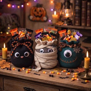 May include: Three crocheted Halloween treat bags filled with assorted candies. The left bag is black with cat ears and an orange plaid bow. The center bag is beige, wrapped like a mummy with googly eyes. The right bag is dark green with one large googly eye.