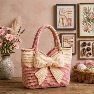 Könnte beinhalten: Eine Häkeltasche mit zweifarbigem Design, bestehend aus einer altrosa Basis und einem cremefarbenen oberen Bereich. Eine große, auffällige cremefarbene Häkelschleife ist mittig an der Vorderseite der Tasche angebracht, die zwei passende rosa Henkel hat.