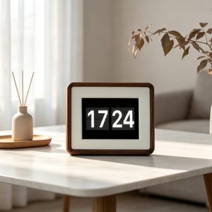 May include: A rectangular digital flip clock with a dark wood frame and a white inner border. The clock face is black with white numbers displaying 17 24. The device features a clean, minimalist design with a clear, high-contrast display.