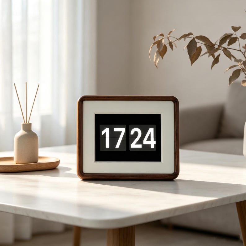 May include: A rectangular digital flip clock with a dark wood frame and a white inner border. The clock face is black with white numbers displaying 17 24. The device features a clean, minimalist design with a clear, high-contrast display.