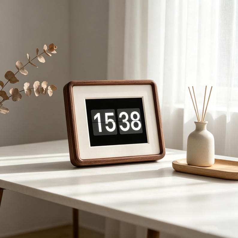 May include: A rectangular digital flip clock with a dark brown wooden frame and a cream-colored inner border. The clock face is black with white numbers displaying 15 38. The device has a horizontal orientation and a smooth, polished finish.