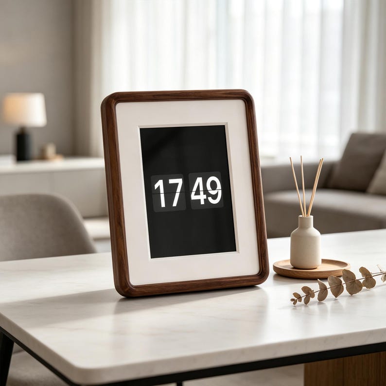 May include: A digital flip clock encased in a dark brown wooden frame with a white mat border. The clock face is black with white numbers displaying the time 17 49. The device stands upright on a white surface next to a small beige vase with sticks.