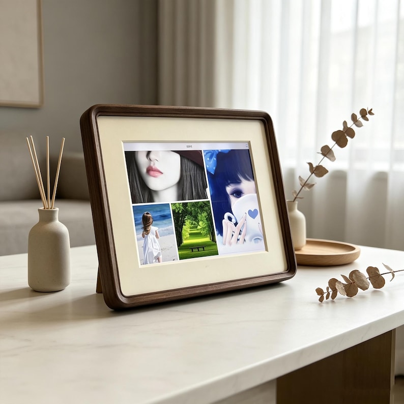 May include: A digital photo frame with a dark wood frame and a cream-colored mat displays a collage of four images: a close-up of a person, a person in a white dress on a beach, a green forest path, and an illustration of a person with a blue bow.