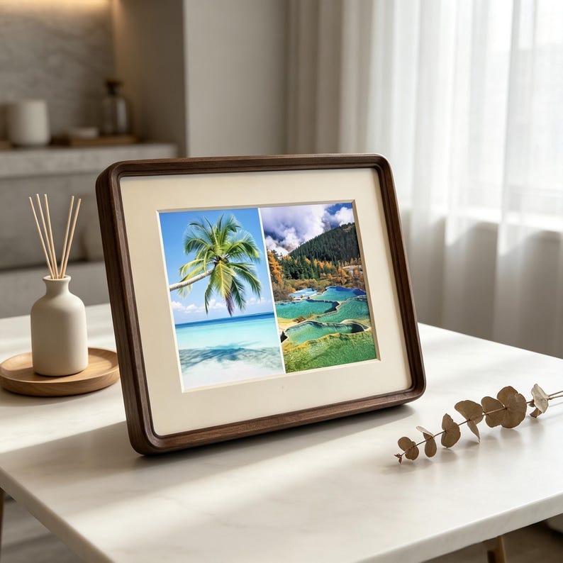 May include: A rectangular dark wood picture frame with rounded corners and a cream-colored mat. The frame holds two side-by-side photographs: one showing a palm tree on a beach and the other displaying terraced turquoise pools in a mountain landscape.