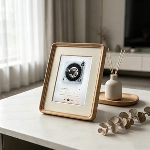 May include: A digital photo frame with a light wood finish and a cream-colored mat, displaying a graphic of a vinyl record player and music playback controls on its screen. The frame stands upright on a surface next to a small white ceramic vase.