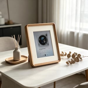 May include: A digital tablet displayed in a light-toned wooden frame with a white mat. The screen shows a music player interface with a vinyl record graphic. The frame stands upright, featuring rounded corners and a smooth, natural wood finish.