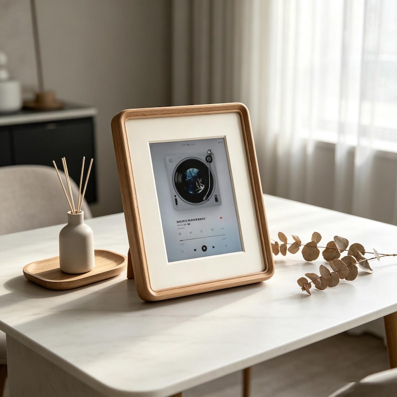 May include: A digital tablet displayed in a light-toned wooden frame with a white mat. The screen shows a music player interface with a vinyl record graphic. The frame stands upright, featuring rounded corners and a smooth, natural wood finish.