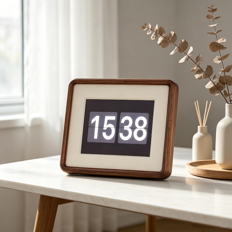 May include: A rectangular digital flip clock with a dark wood frame and a cream-colored mat border. The black display screen shows the white numerical time 15:38. The clock has rounded corners and is positioned on a white surface.